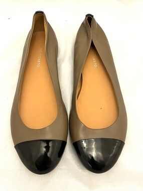 Franco Sarto Zippy Ballets Taupe Flats with Black Patent Cap Toe